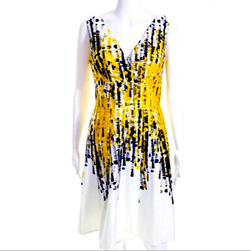 KAY UNGER Cap Sleeve Sheath Dress White Yellow